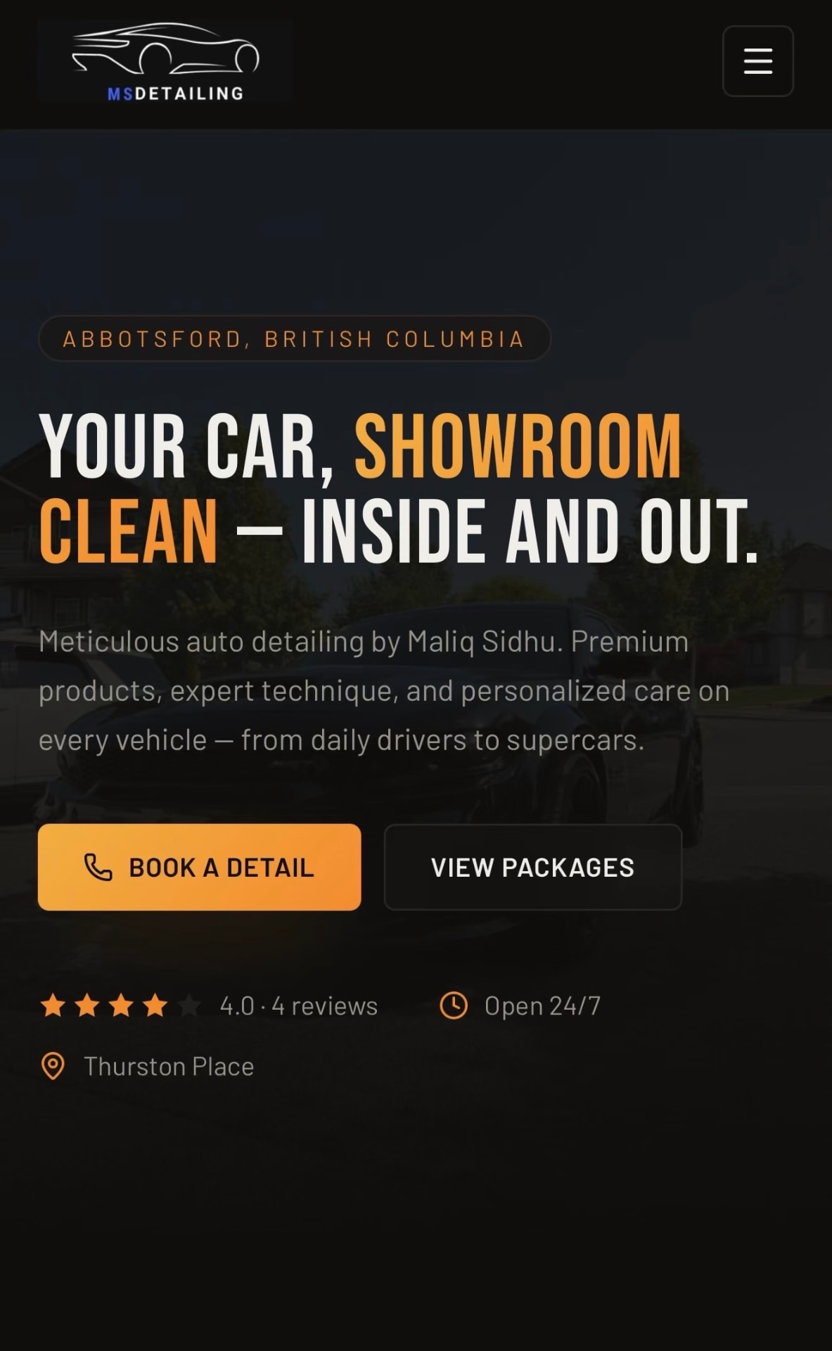 Website design for MS Detailing, a premium auto detailing business